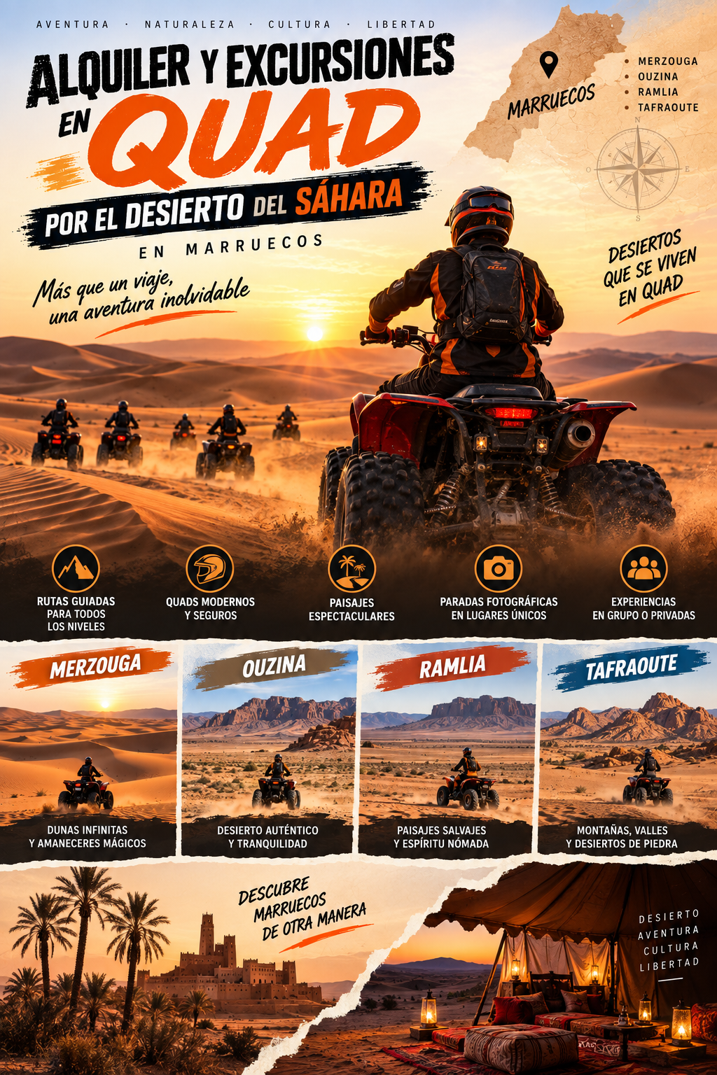 Alquiler y excursiones en quad por el desierto del Sáhara en Marruecos: Merzouga, Ouzina, Ramlia y Tafraoute