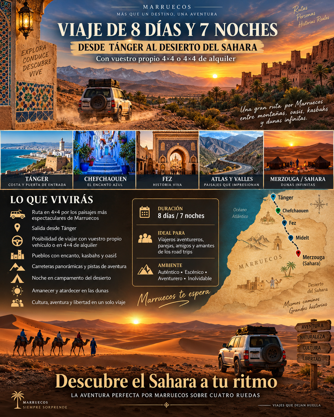 Viaje de 8 Días y 7 Noches desde Tánger al Desierto del Sahara con vuestro propio 4×4 o 4×4 de alquiler