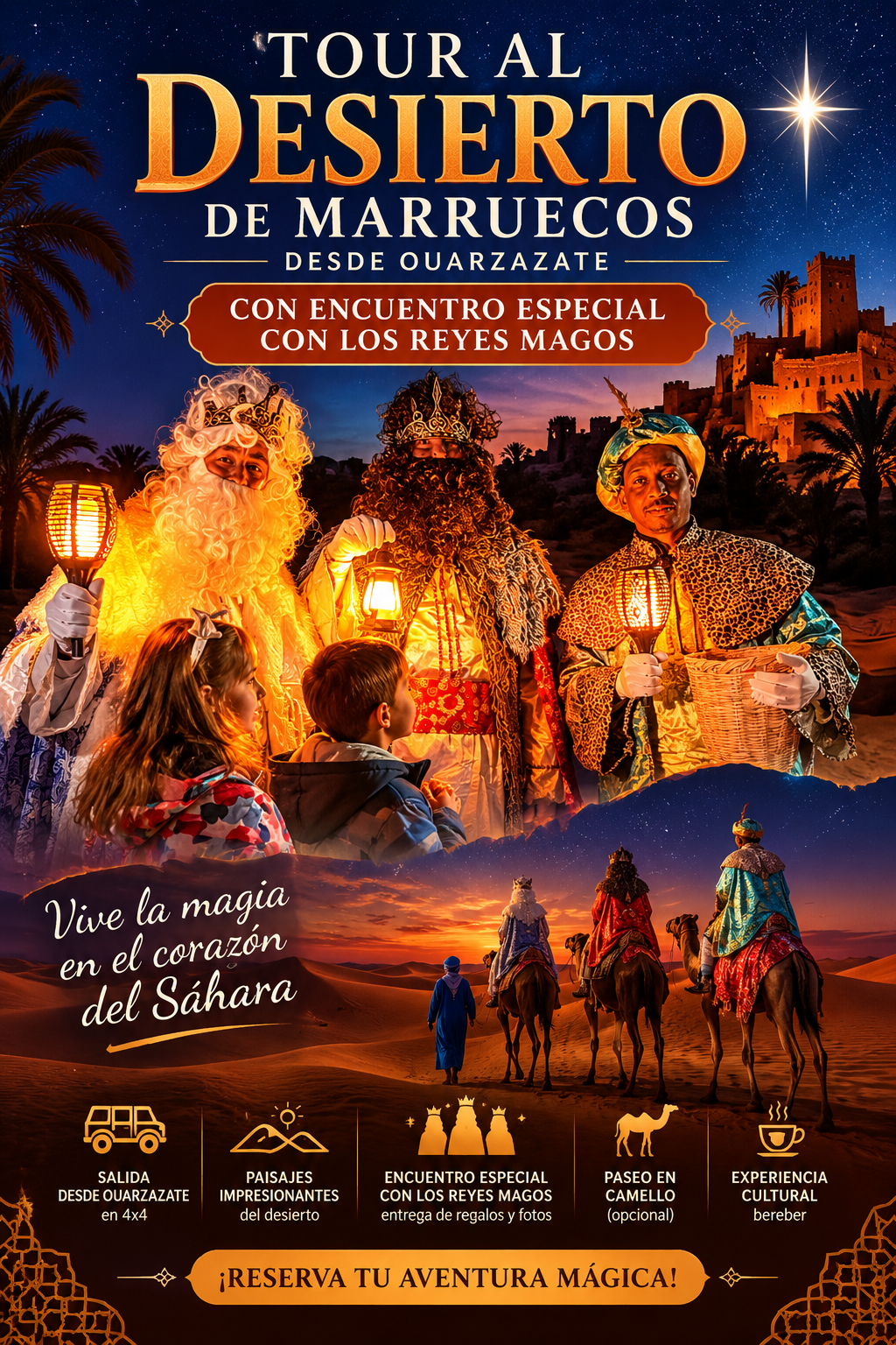 Tour al desierto de Marruecos desde Ouarzazate con encuentro especial con los Reyes Magos