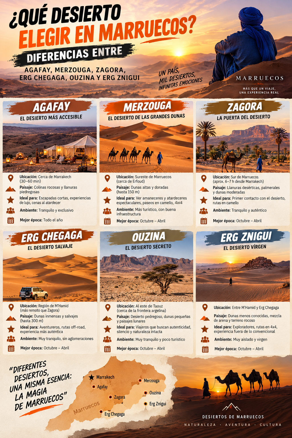 ¿Qué desierto elegir en Marruecos? Diferencias entre Agafay, Merzouga, Zagora, Erg Chegaga, Ouzina y Erg Znigui