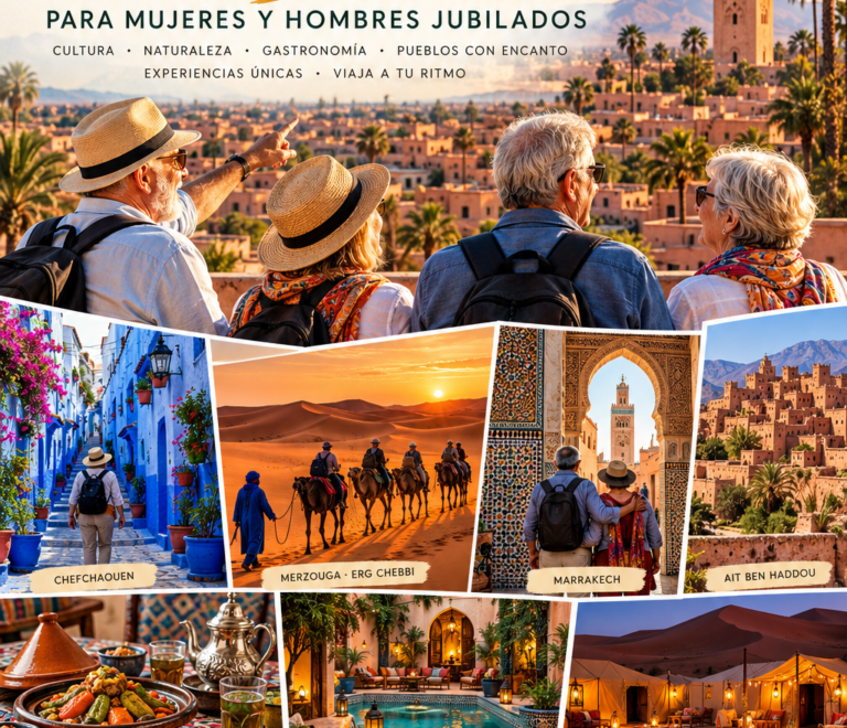 Viaje en Grupo de viajeros jubilados en las dunas de Marruecos