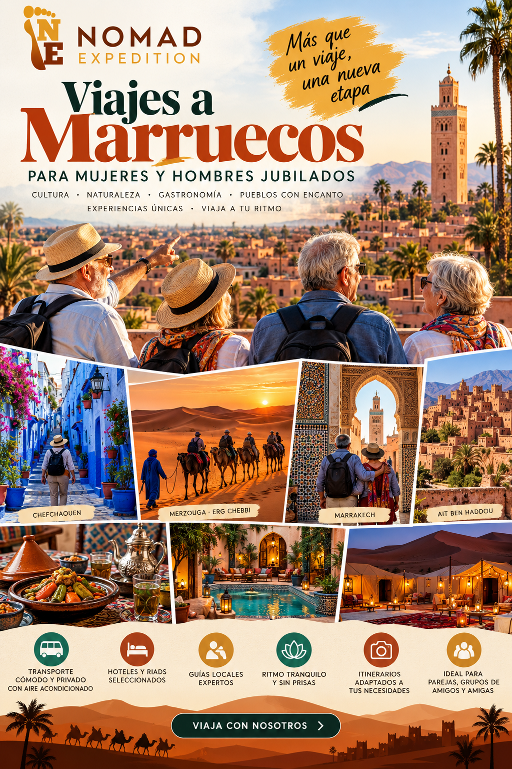 Viaje en Grupo de viajeros jubilados en las dunas de Marruecos